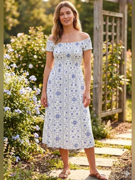 Old Navy Dresses & Skirts - Old Navy Periwinkle Floral Shirred Off Shoulder Cap Sleeve Dress Size L